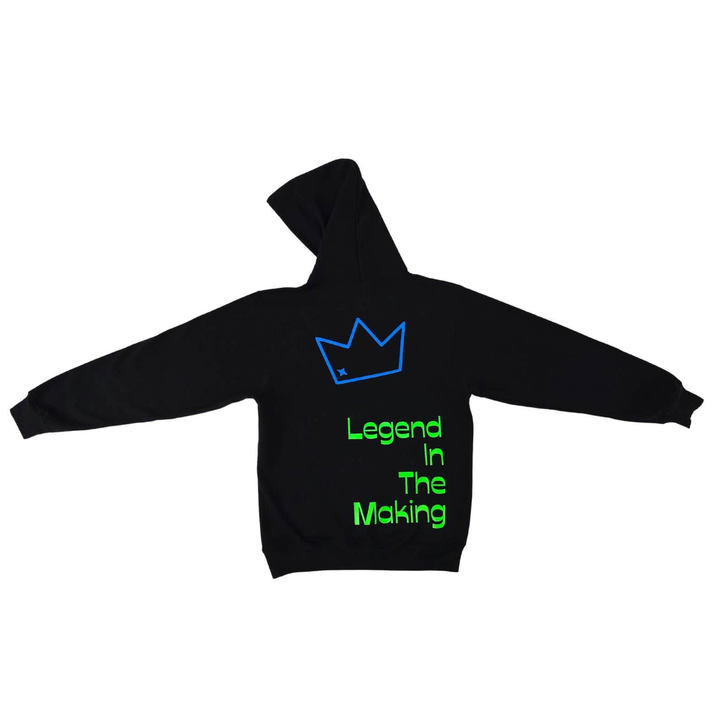 Back view flat lay of black hoodie with neon blue logo crown and neon green lettering "Legend In The Making" text, Empowering mixed-race kids clothing that celebrates confidence and cultural pride.