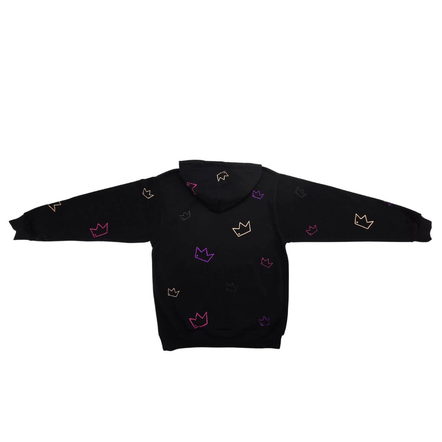 Back view flat lay of a black 'Mixed Royalty' hoodie featuring colorful sparkling crown designs in gold, purple, pink, and black randomly placed all over. Empowering mixed-race kids clothing that celebrates confidence and cultural pride.