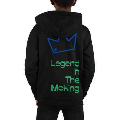 Back view of child wearing a black hoodie with a neon blue logo crown and neon green "Legend In The Making" print, inclusive streetwear for biracial kids. Empowering mixed-race kids clothing celebrating confidence and cultural pride.