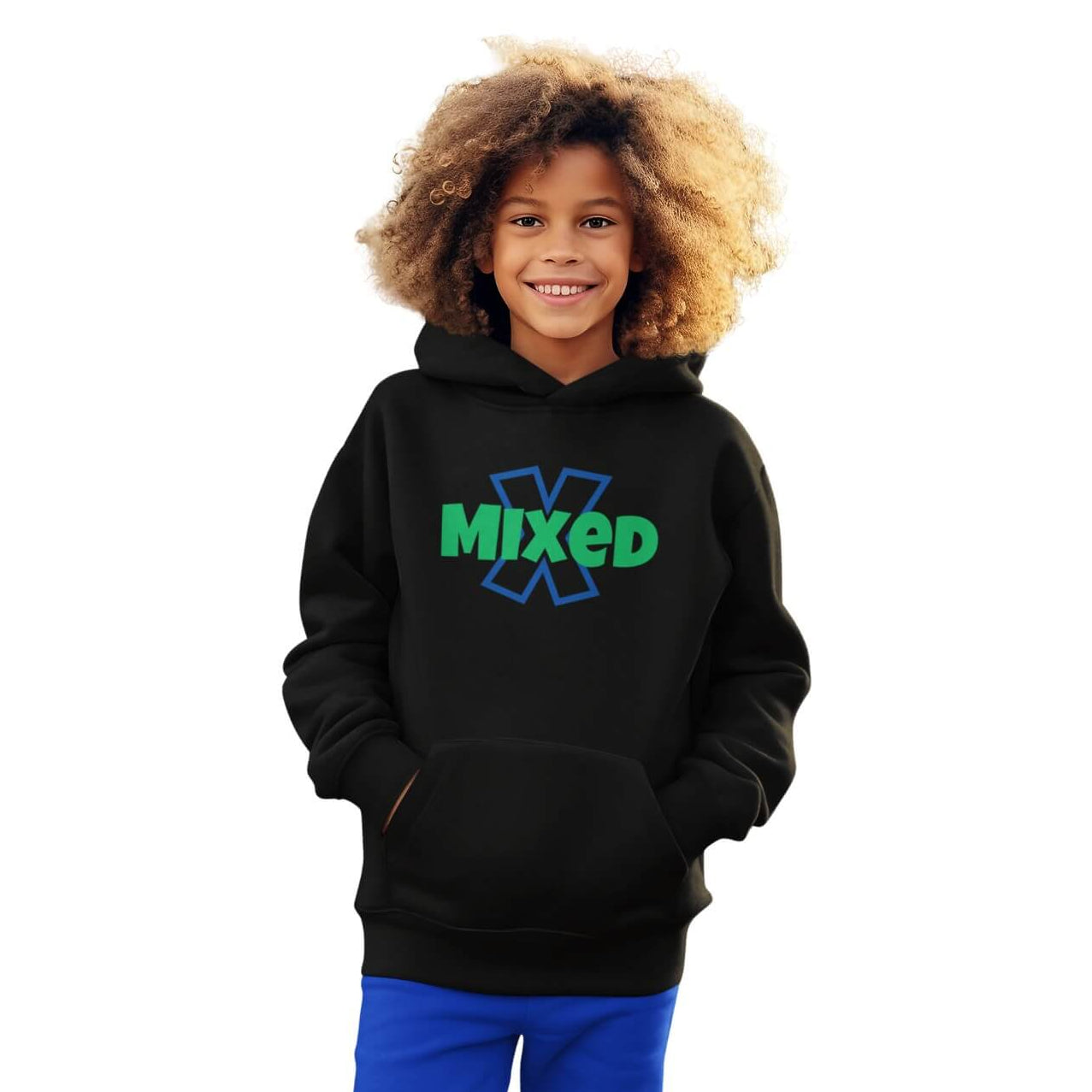 Child wearing a black hoodie with 'MIXED' text on a white background