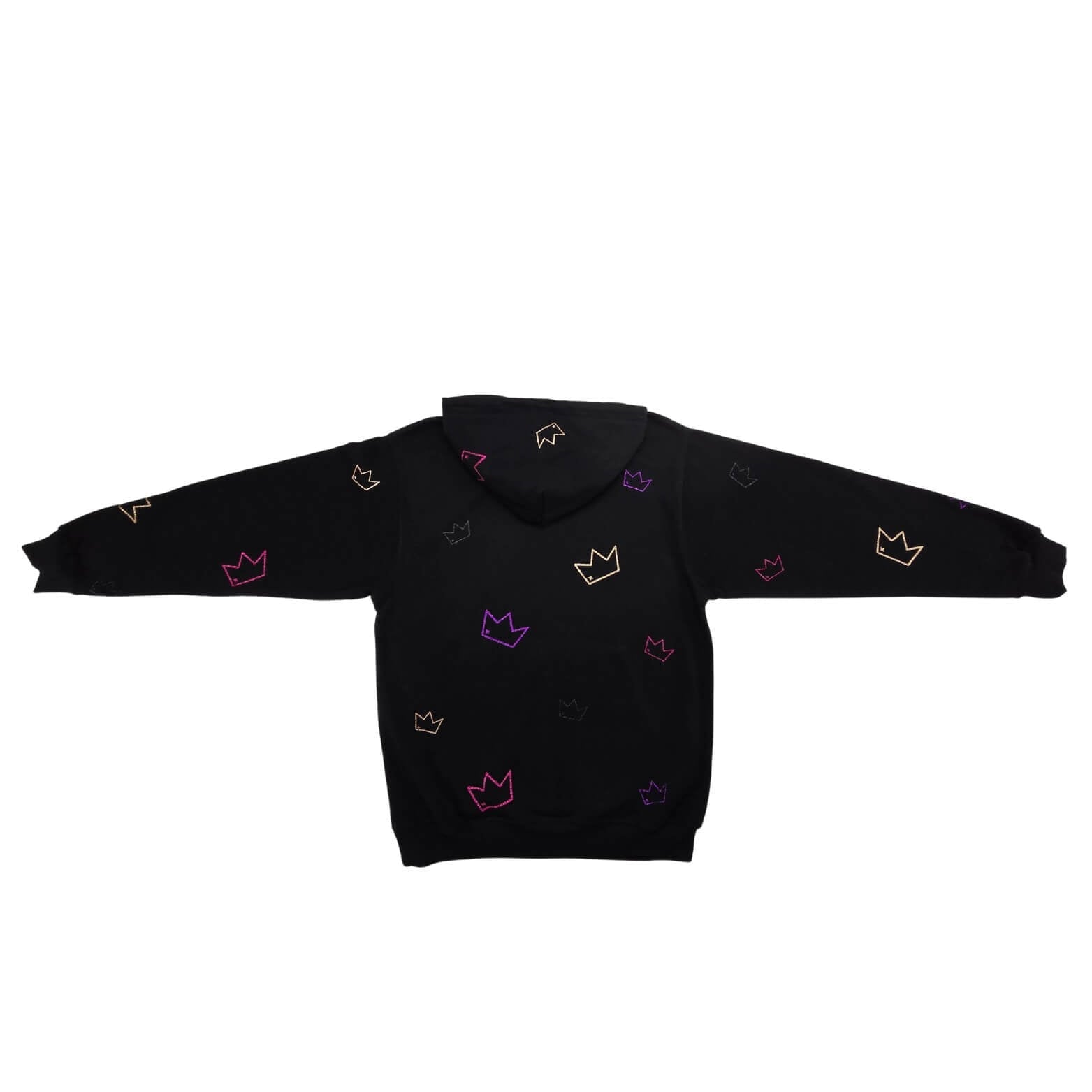 Back view flat lay of a black 'Mixed Royalty' hoodie featuring colorful sparkling crown designs in gold, purple, pink, and black randomly placed all over. Empowering mixed-race kids clothing that celebrates confidence and cultural pride.
