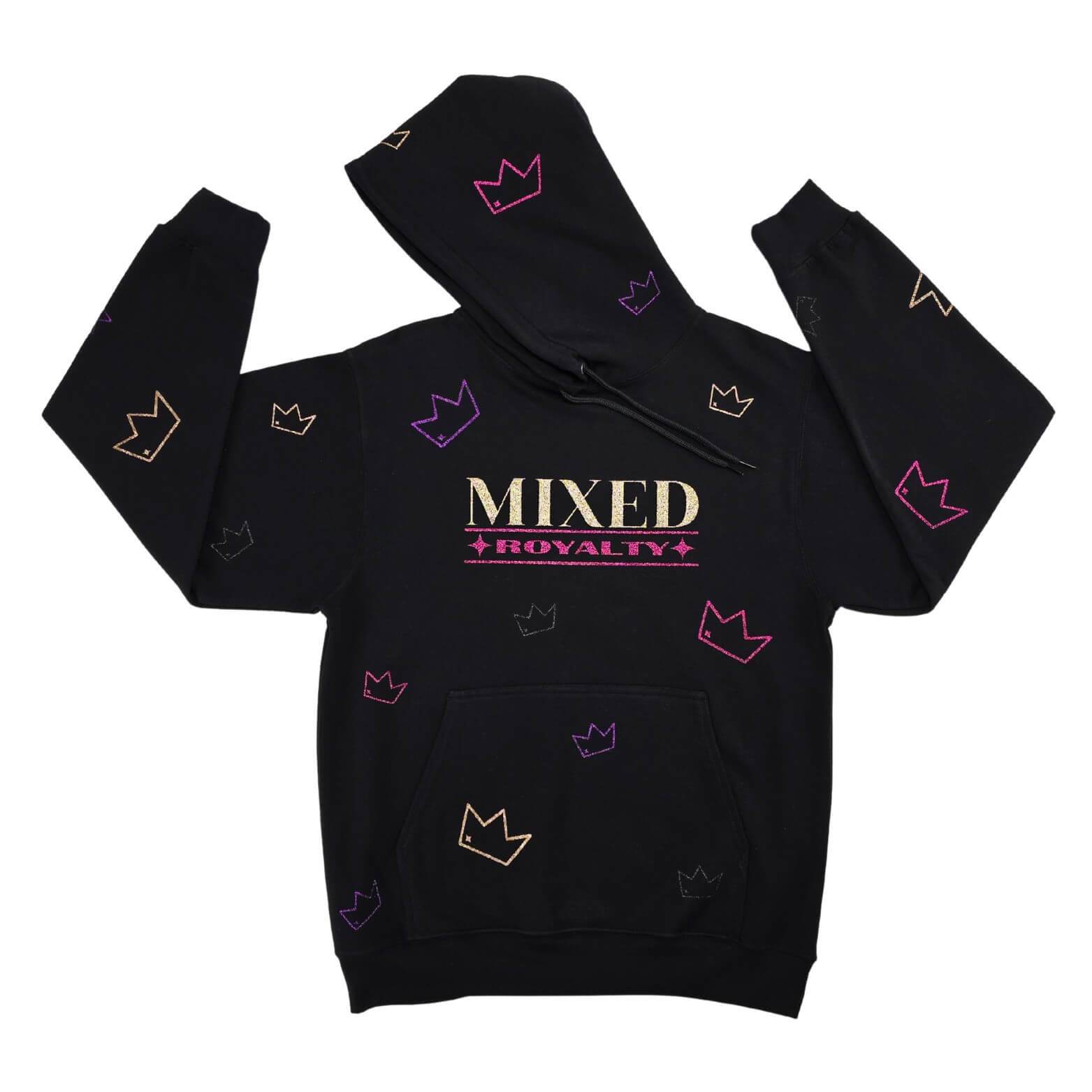 Flat lay of black 'Mixed Royalty' hoodie with gold and purple sparkling letters and random sparkle crowns all over. Empowering mixed-race kids clothing promoting confidence, pride, and cultural identity.