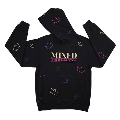 Flat lay of black 'Mixed Royalty' hoodie with gold and purple sparkling letters and random sparkle crowns all over. Empowering mixed-race kids clothing promoting confidence, pride, and cultural identity.