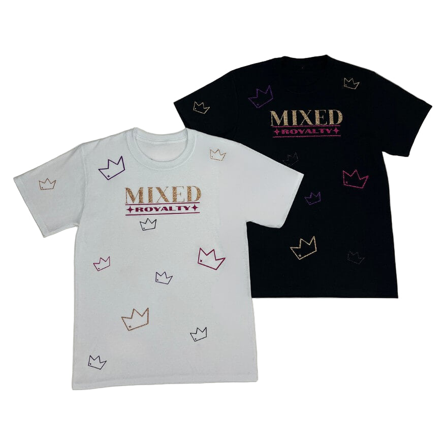 Uniquely Mixed 'Mixed Royalty' t-shirts in black and white, featuring sparkly crown designs, representing inclusive kids fashion and modern streetwear. 