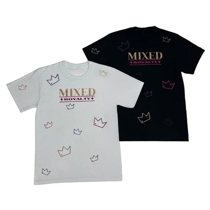 Uniquely Mixed 'Mixed Royalty' t-shirts in black and white, featuring sparkly crown designs, representing inclusive kids fashion and modern streetwear. 