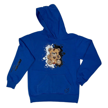 Blue flat lay of a hoodie with a bear graphic and text on the sleeve "I Am Unique I Am Loved"  on a white background. Affirmation inspired kids fashion. 