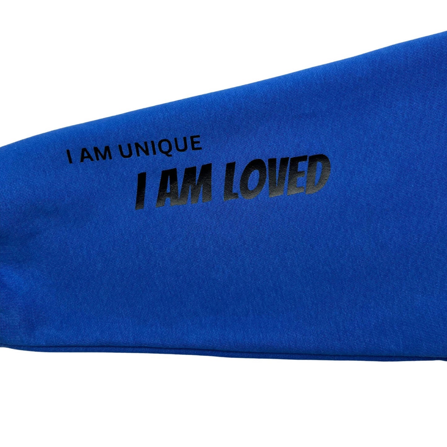 Blue sleeve view of Uniquely Mixed Unity Bear Hoodie with 'I AM UNIQUE' 'I AM LOVED' text on a white background.